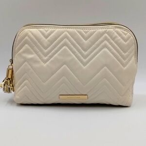 Tartan Twine quilted two part makeup bag zip top with gold tassels cream